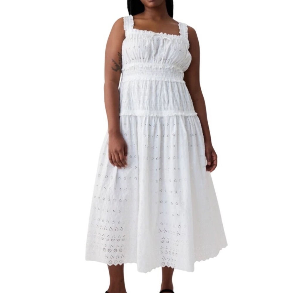 GAP x DOEN White Eyelet Milkmaid Smocked Tiered Midi Dress Floral Embroidery XL